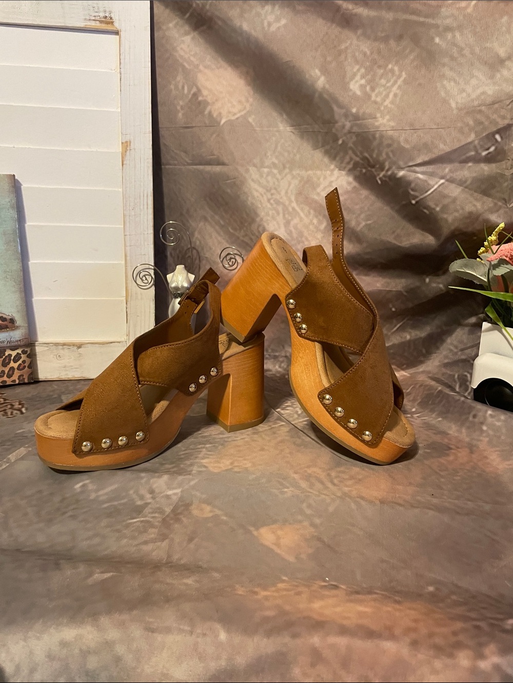 Time and Tru Brown Suede Studded Platform Block Heels